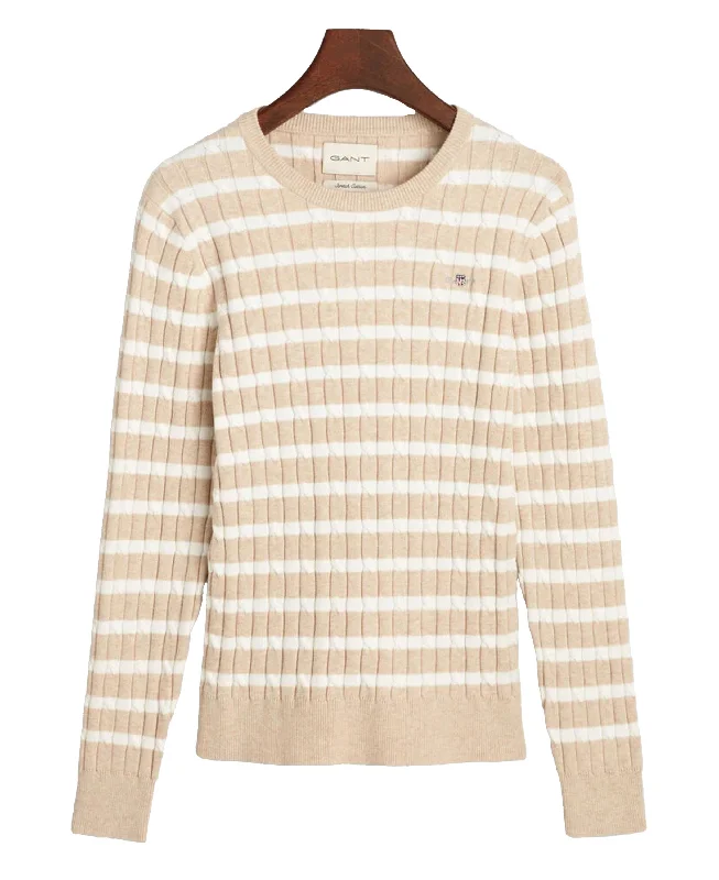Striped Stretch Cotton Cable Knit Crew Neck Sweater - Seed Melange Hooded Caped Shawl Collar Striped Stretch Cotton Cable Knit Crew Neck Sweater - Seed Melange Hooded Caped Shawl Collar
