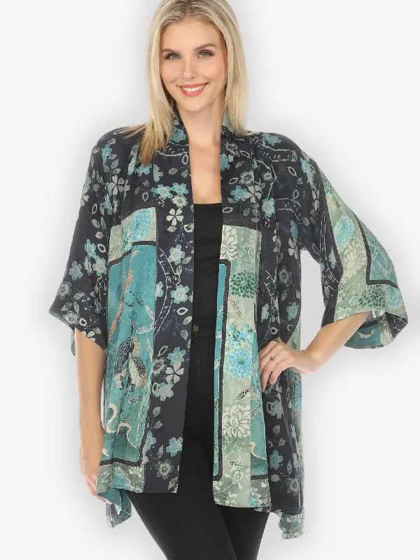 Crane Bamboo Floral Silk Kimono Jacket Notch Collar Peter Pan Collar Cowl Neck