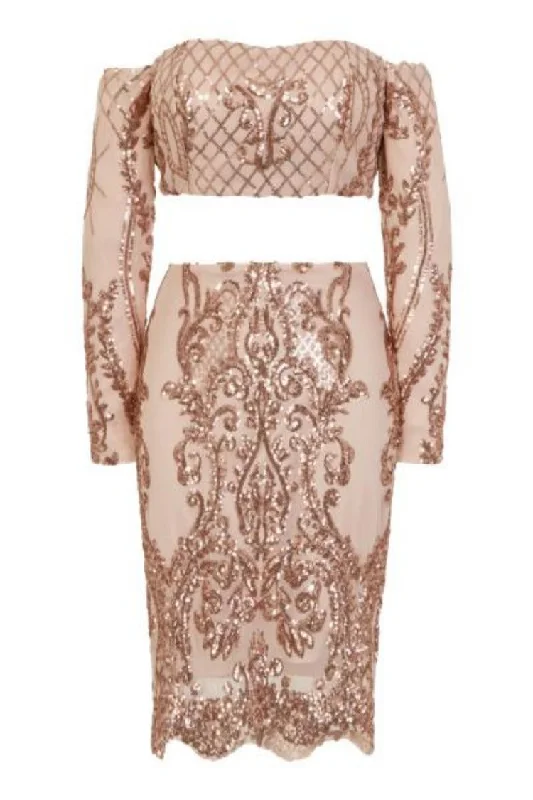 Lust Luxe Rose Gold Sequin Brocade Two Piece Skirt Top Co Ord Set spandex blend skirt Lust Luxe Rose Gold Sequin Brocade Two Piece Skirt Top Co Ord Set spandex blend skirt