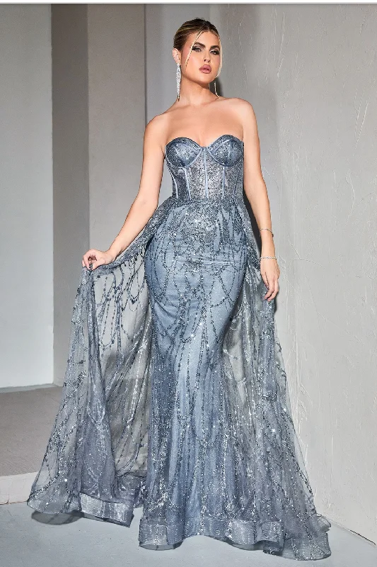 TRAPLESS LACE FITTED GOWN WITH OVER SKIRT satin skirt smooth
