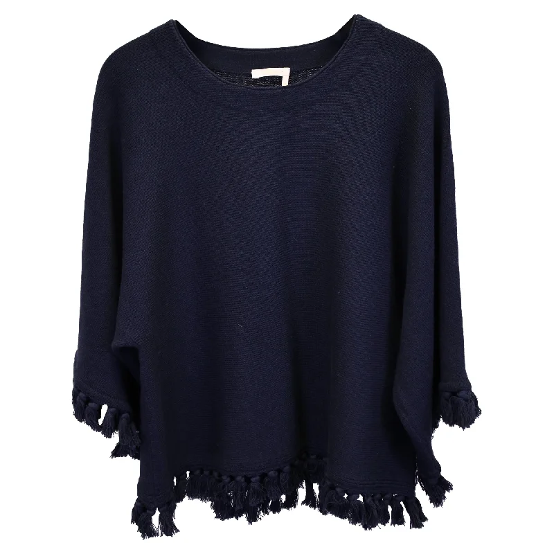 Chloe Fringed Sweater in Navy Wool Beaded Sweater Sequined Faux Fur