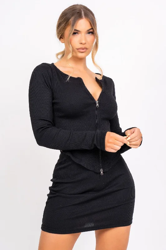 Feel The Vibe Black Two Piece Cardigan Mini Skirt Co-ord Set vintage skirt charm