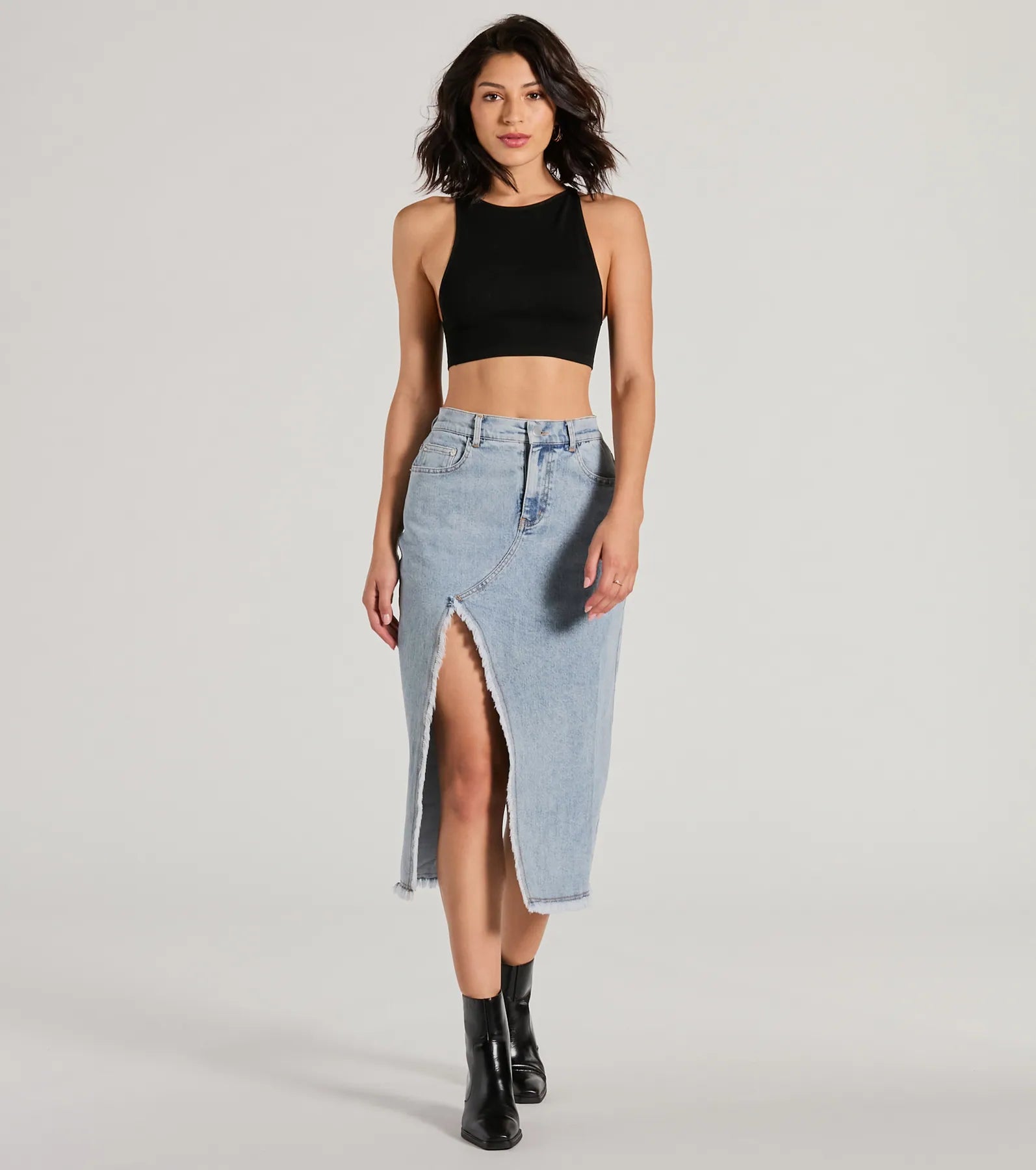 Cool Composure High-Rise Frayed Slit Denim Midi Skirt chiffon skirt floaty