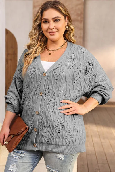Tiana Plus Size Cable-Knit Button Up Sweater Mesh Fabric Canvas Fabric Denim Fabric