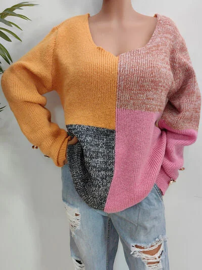 Meagen Color Block Decorative Button Long Sleeve Sweater Slim Fit Regular Fit Oversized Meagen Color Block Decorative Button Long Sleeve Sweater Slim Fit Regular Fit Oversized