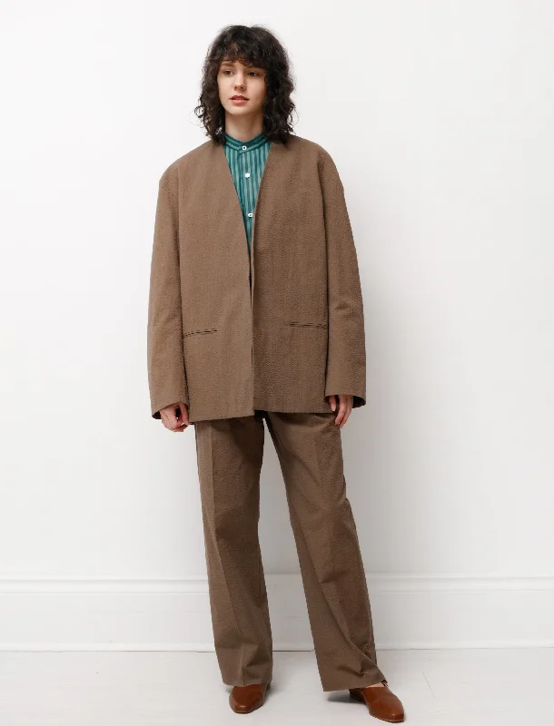 Collarless Jacket Brown Welt Pockets Slit Pockets Flap Pockets