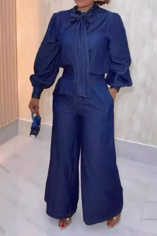 Solid Color Pussy Bow Urban Wide Leg Pant Suit Formal Slim Pants
