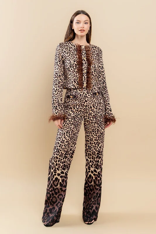 Animal Ombre Print Feather Trim Jacket Pant Set Classic Cropped Pants