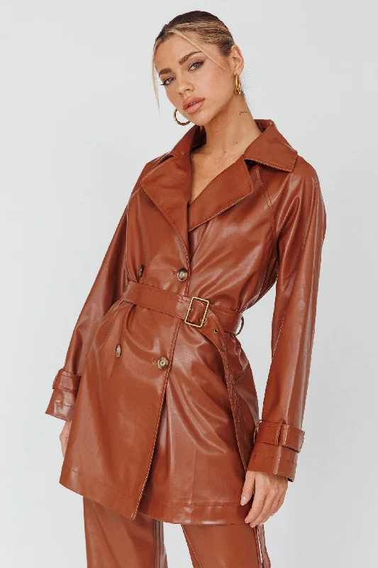 Noa Faux Leather Belted Jacket Terracotta Fleece Fabric Down Fabric Feather Fabric
