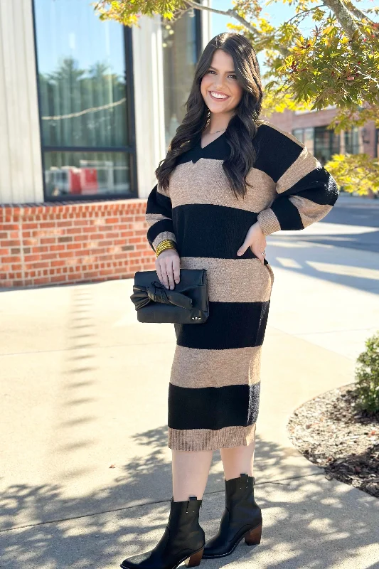 Black and Oatmeal Stripe V-Neck Sweater Dress *Final Sale* Lace Blend Ribbed Blend Corduroy Blend