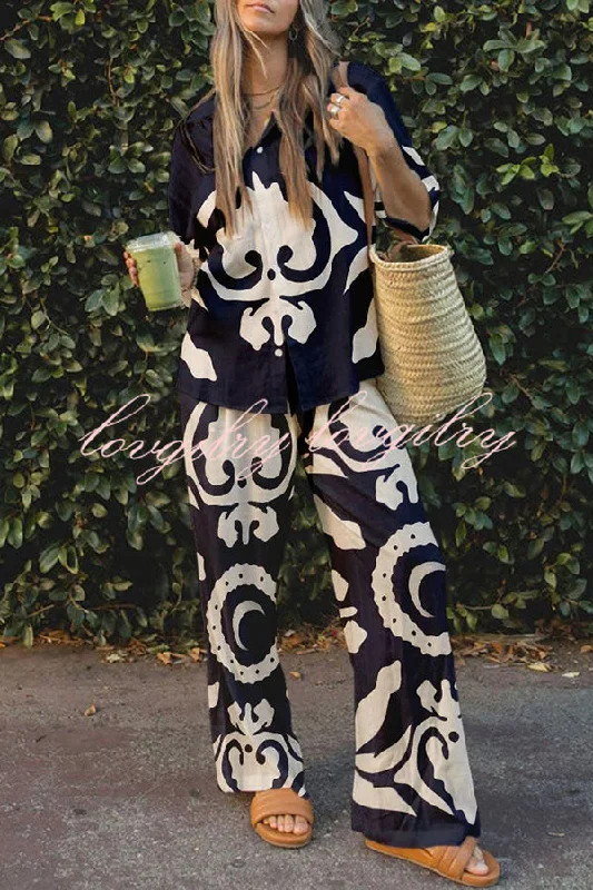 Abstract World Print Button Elastic Waist Pants Set Relaxed Linen Pants