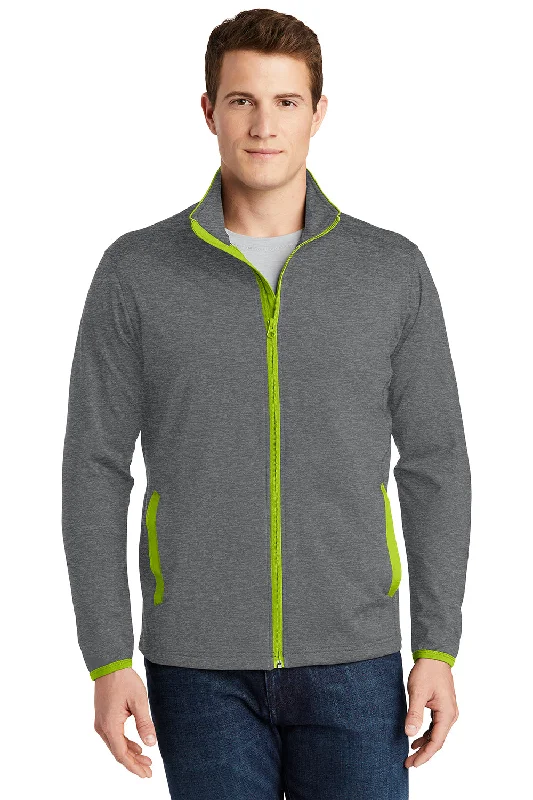 Sport-Tek Mens Sport-Wick Moisture Wicking Full Zip Jacket - Heather Charcoal Grey/Charge Green Front Pockets Side Pockets Patch Pockets Sport-Tek Mens Sport-Wick Moisture Wicking Full Zip Jacket - Heather Charcoal Grey/Charge Green Front Pockets Side Pockets Patch Pockets