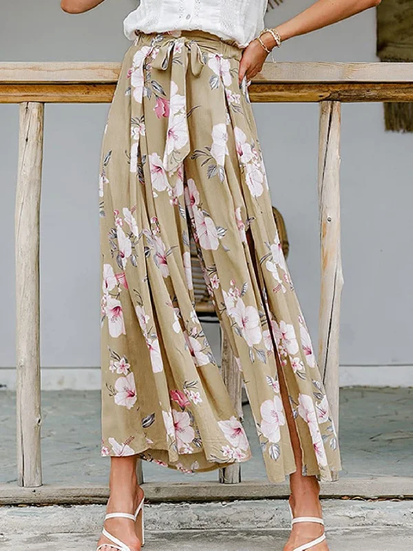 Hazel Blues® |  Tied Waist Slit Floral Wide leg Pants Warm Wool Trousers