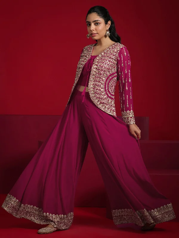 Libas Art Pink Embellished Georgette 3 Piece Co-Ord Sets With Jacket Belted Jacket Elasticated Jacket Padded Jacket Libas Art Pink Embellished Georgette 3 Piece Co-Ord Sets With Jacket Belted Jacket Elasticated Jacket Padded Jacket