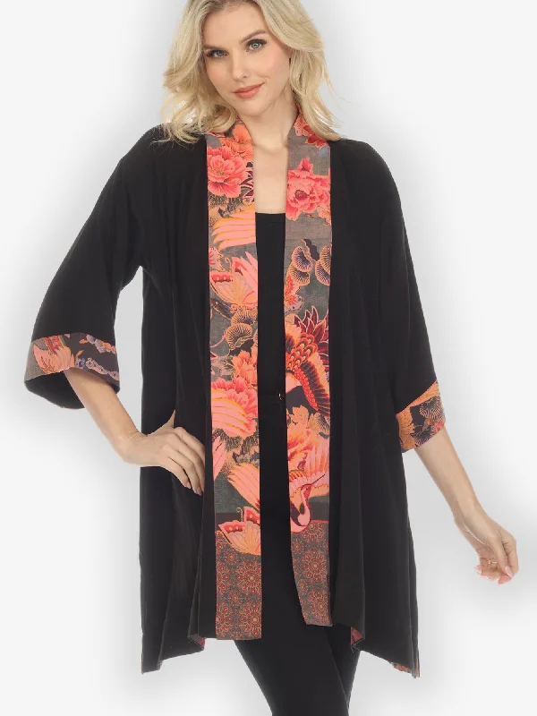 Solid Rayon Black Silk Contrast Kimono Jacket Welt Pockets Slit Pockets Flap Pockets Solid Rayon Black Silk Contrast Kimono Jacket Welt Pockets Slit Pockets Flap Pockets