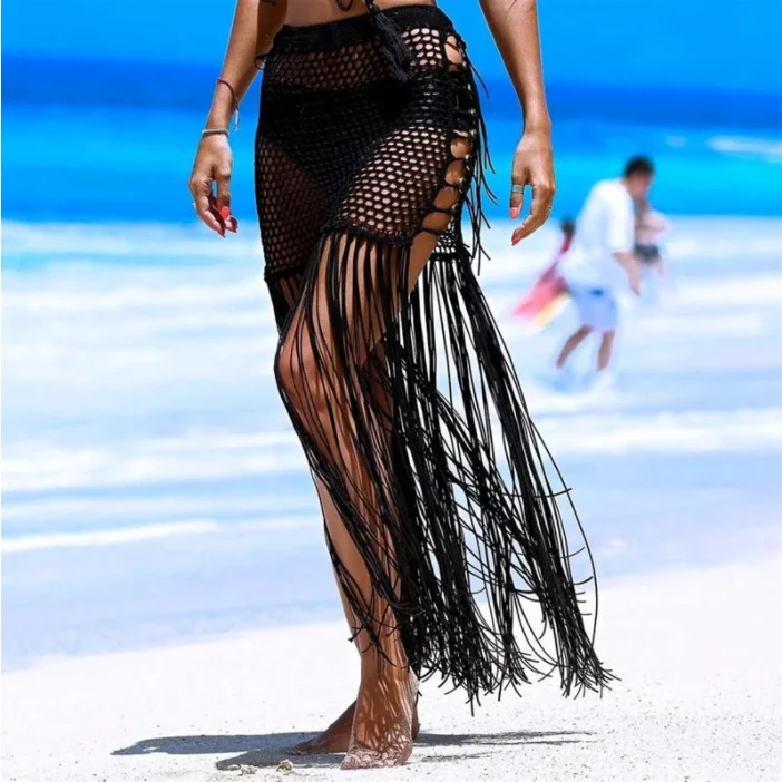 High Waisted Cover Up Tassel Skirt ribbed skirt waist