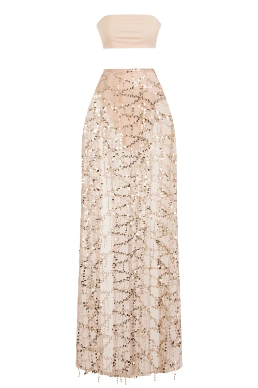 Latina Nude Sheer Gold Sequin Tassel Double Slit Skirt Co Ord Set seamless skirt comfort Latina Nude Sheer Gold Sequin Tassel Double Slit Skirt Co Ord Set seamless skirt comfort