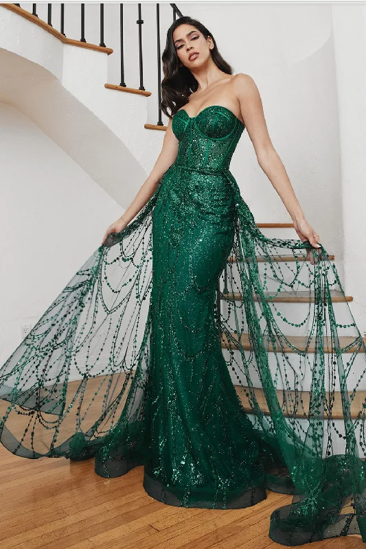 TRAPLESS LACE FITTED GOWN WITH OVER SKIRT chiffon skirt airy