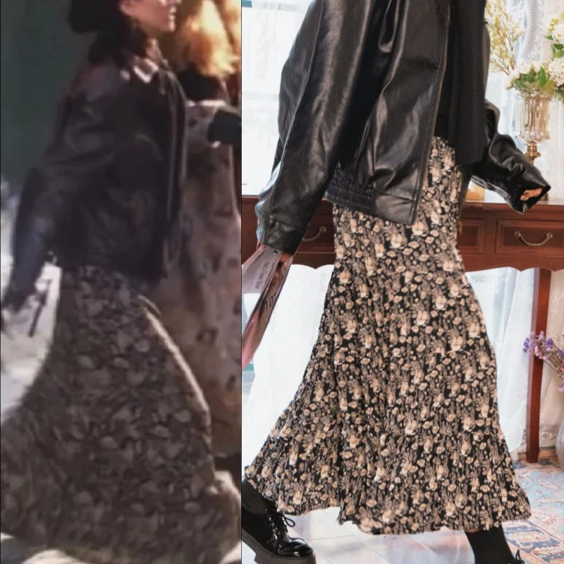 Friends Monica Same Style Ruched Black and White Floral Maxi Skirt velvet skirt plush