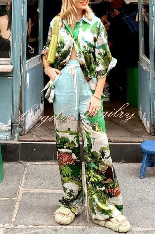 Beautiful Landscape Print Button Pocket Tie Elastic Waist Pants Set Modern Stretch Trousers