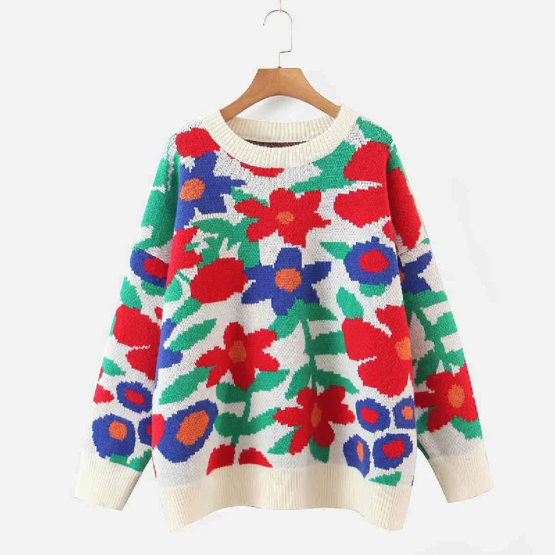 Floral Round Neck Drop Shoulder Sweater Fleece Sweater Nylon Polyester