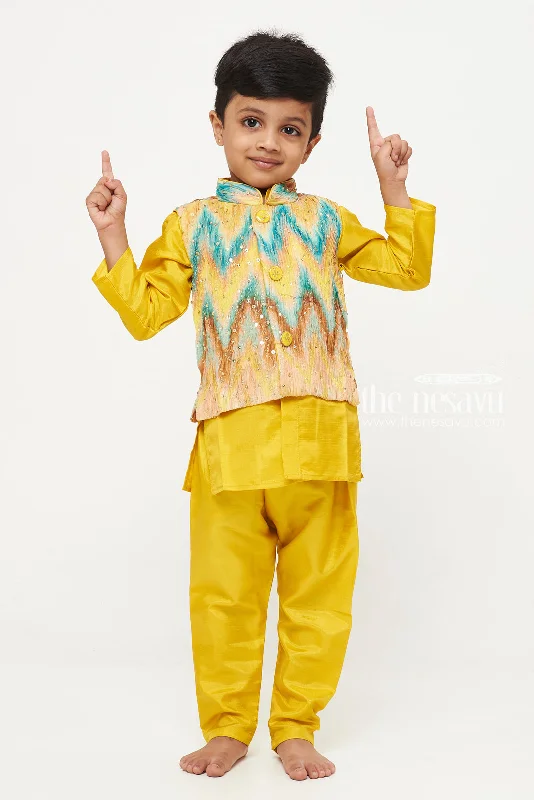 Boys Sunshine Yellow Kurta Pajama with Vibrant Jacket Set Hooded Jacket Caped Jacket Shawl Collar Jacket Boys Sunshine Yellow Kurta Pajama with Vibrant Jacket Set Hooded Jacket Caped Jacket Shawl Collar Jacket