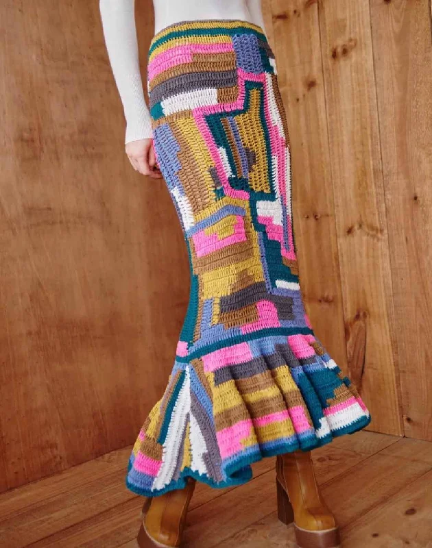 Cravina Crochet Maxi Skirt with Eclectic Patchwork Pattern and Ruffled Hem lace skirt delicate