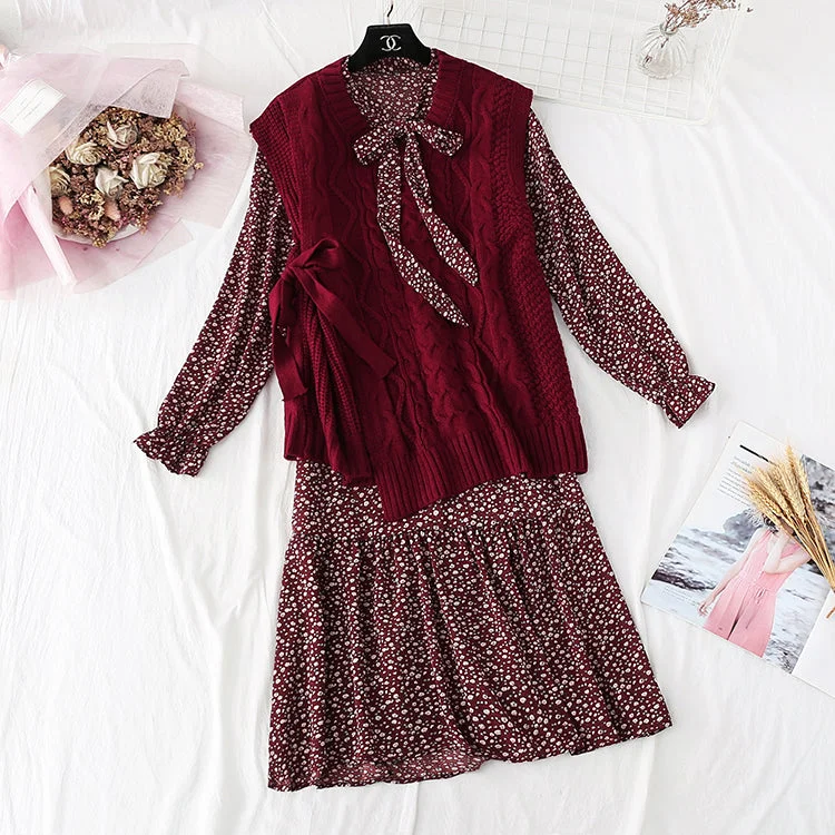 Knitted sweater vest set with a bottomed floral skirt 4008 Fleece Fabric Down Fabric Feather Fabric Knitted sweater vest set with a bottomed floral skirt 4008 Fleece Fabric Down Fabric Feather Fabric