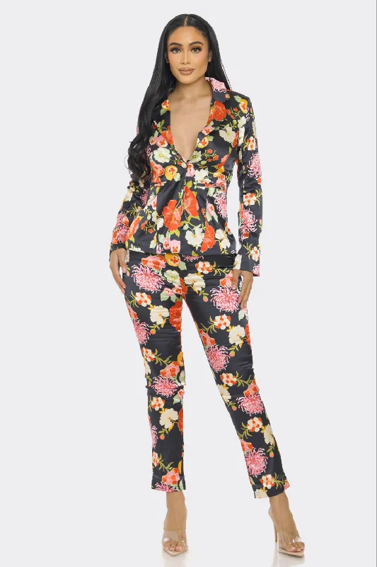 Floral Satin Print Jacket Pant Set Soft Stretch Pants