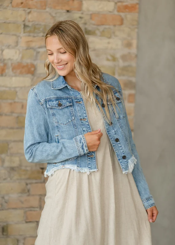 Raw Hem Medium Wash Denim Jacket Notch Collar Peter Pan Collar Cowl Neck