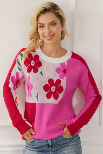 Blue Zone Planet |  Floral Round Neck Dropped Shoulder Sweater Solid Color Striped Floral Print
