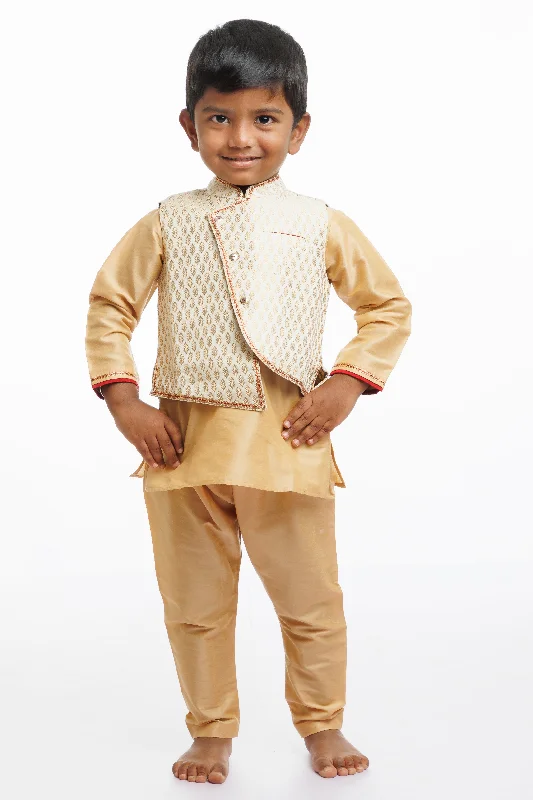 Boys Modern Kurta with Elegant Brocade Jacket Outfit Boat Neck Shawl Collar Notched Collar Boys Modern Kurta with Elegant Brocade Jacket Outfit Boat Neck Shawl Collar Notched Collar