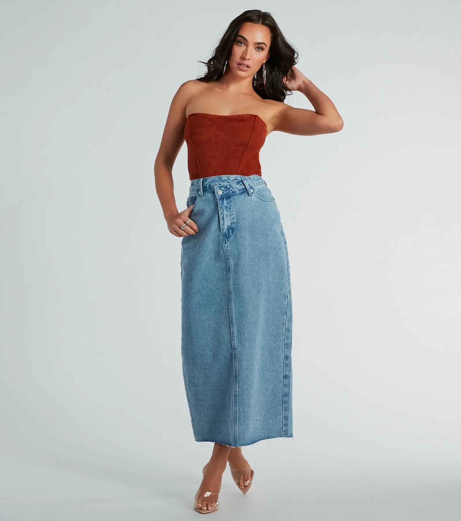 Girl Next Door Asymmetrical Waist Denim Midi Skirt casual skirt length