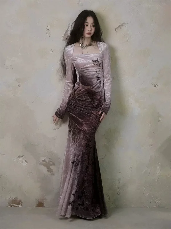 Gradient butterfly velvet top and skirt【s0000006402】 silk skirt lustrous