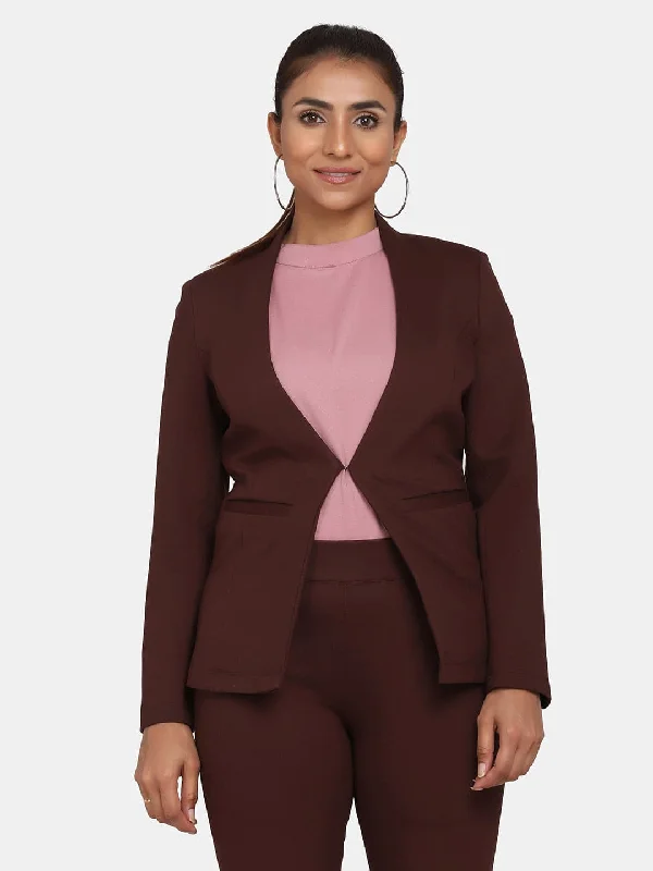 Chocolate Brown Stretch Jacket Front Pockets Side Pockets Patch Pockets