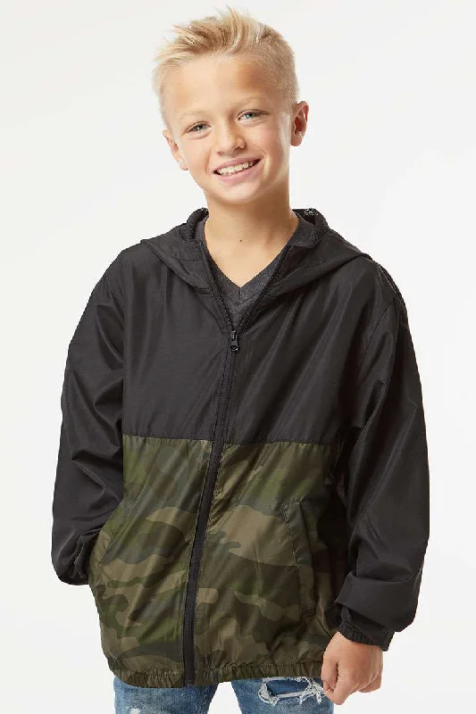 Independent Trading Company Youth Wind & Water Resistant Full Zip Windbreaker Hooded Jacket - Black/Forest Green Camo - Closeout Trench Coat Raincoat Waterproof Jacket Independent Trading Company Youth Wind & Water Resistant Full Zip Windbreaker Hooded Jacket - Black/Forest Green Camo - Closeout Trench Coat Raincoat Waterproof Jacket