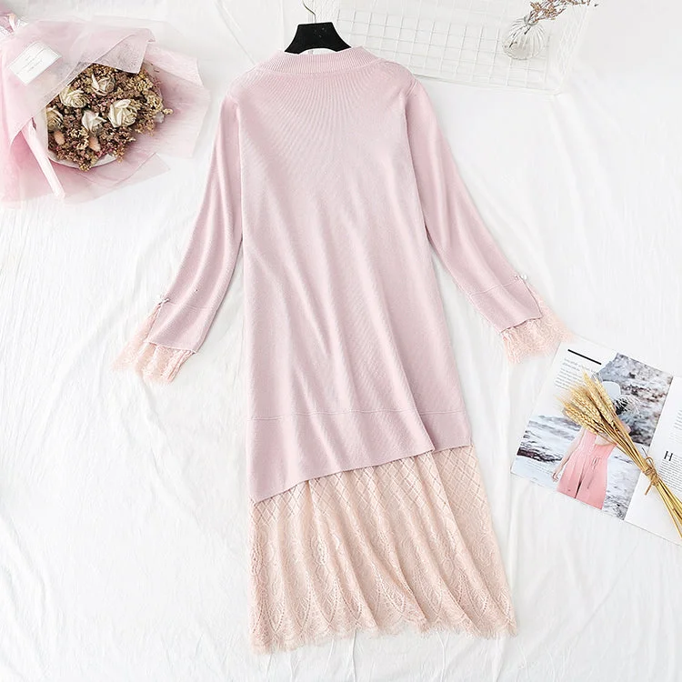 Sweater skirt lace stitching fake two-piece bottom long  4009 Cotton Fabric Linen Fabric Terry Fabric
