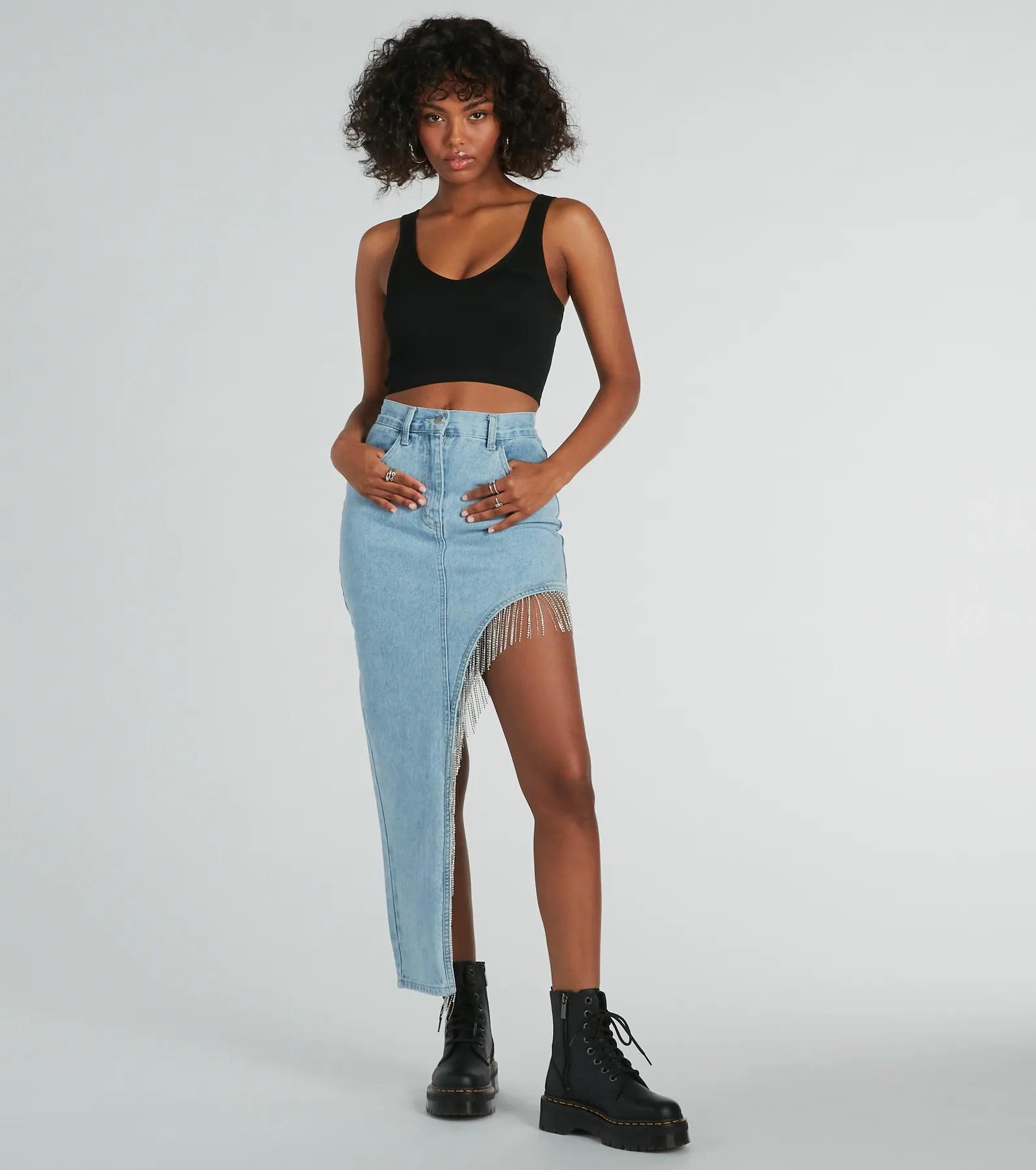 Glitzy Rhinestone Fringe High Slit Denim Maxi Skirt lace skirt romantic