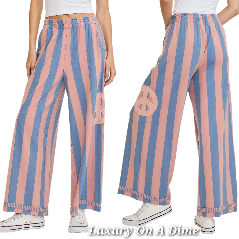 Umgee Peace Patch Elastic Waist Pants Wide Leg Stripe Boho Oversized Relaxed Fit Blue Pink Sleek Black Pants Umgee Peace Patch Elastic Waist Pants Wide Leg Stripe Boho Oversized Relaxed Fit Blue Pink Sleek Black Pants