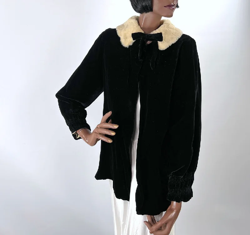 30s Vintage Black Velvet Velvet Jacket, Fur Collar Women's Medium to Small VFG Nylon Jacket Polyester Jacket Spandex Jacket 30s Vintage Black Velvet Velvet Jacket, Fur Collar Women's Medium to Small VFG Nylon Jacket Polyester Jacket Spandex Jacket