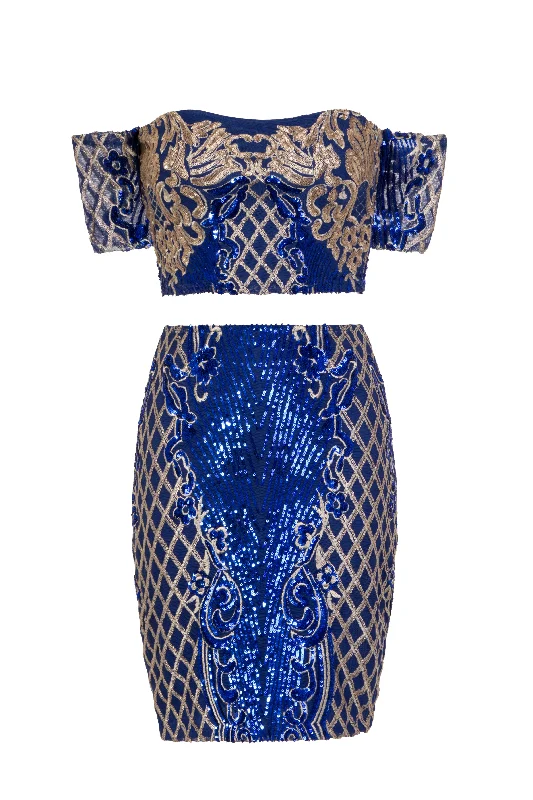 Baddie Vip Blue Gold Sequin & Embroidery Two Piece Skirt Top Co Ord Set slim fit skirt Baddie Vip Blue Gold Sequin & Embroidery Two Piece Skirt Top Co Ord Set slim fit skirt