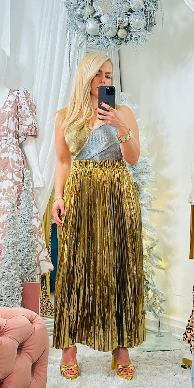 Metallic pleated maxi skirt set denim skirt classic
