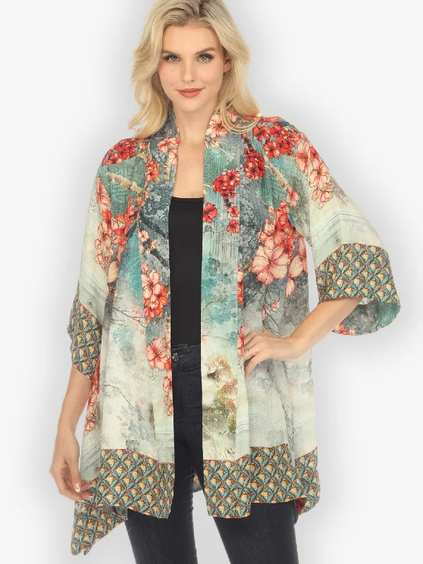 Summer Blossom Silk Kimono Jacket Boat Neck Shawl Collar Notched Collar