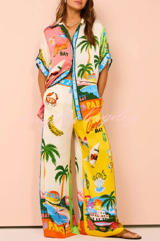 Kissed By The Sun Satin Unique Print Colorblock Elastic Waist Pocketed Wide Leg Pants Soft Sweatpants Style Kissed By The Sun Satin Unique Print Colorblock Elastic Waist Pocketed Wide Leg Pants Soft Sweatpants Style