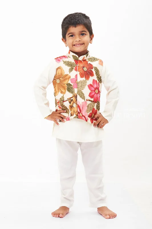 Boys Elegant White Kurta Set with Floral Jacket Fleece Jacket Down Jacket Feather Jacket Boys Elegant White Kurta Set with Floral Jacket Fleece Jacket Down Jacket Feather Jacket
