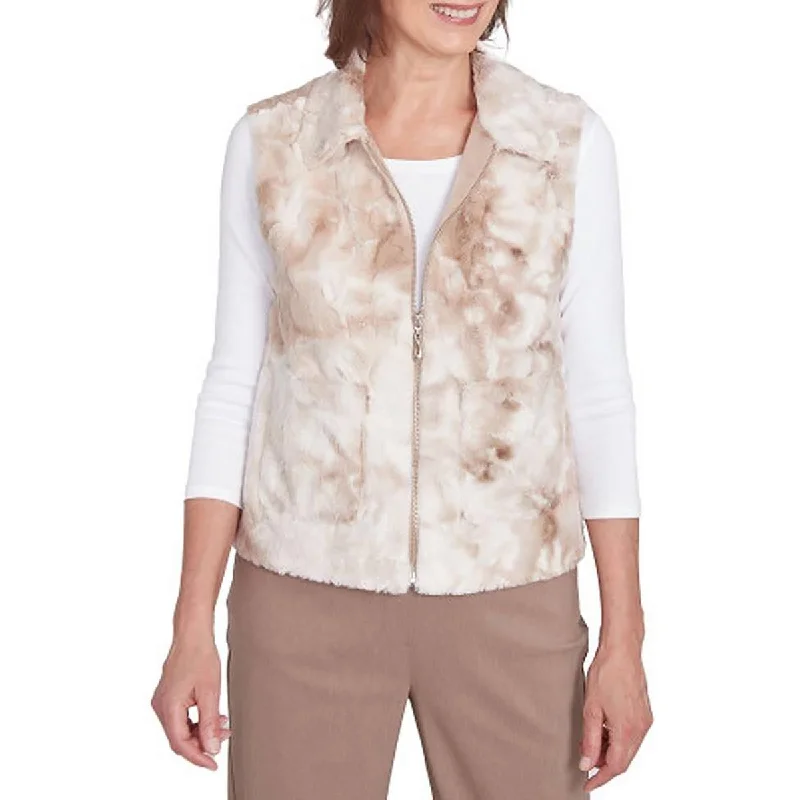 Alfred Dunner Womens Pocket Faux Fur Sweater Vest Toggled Drawstring Belted