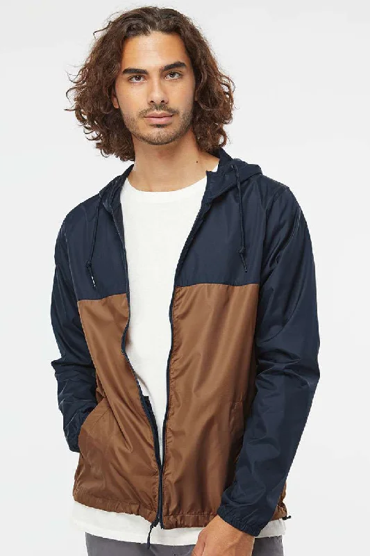 Independent Trading Company Mens Water Resistant Full Zip Windbreaker Hooded Jacket - Classic Navy Blue/Saddle Brown Zip Front Button Front Snap Front Independent Trading Company Mens Water Resistant Full Zip Windbreaker Hooded Jacket - Classic Navy Blue/Saddle Brown Zip Front Button Front Snap Front