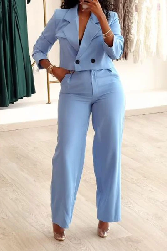 Solid Color Notched Lapel Modern OL Wide Leg Pant Suit High-Waist Trousers