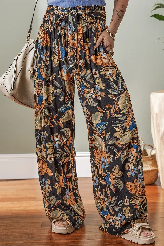 Hazel Blues® | Floral Shirred High Waist Wide Leg Pants with Tie Comfortable Wide-Leg Pants Hazel Blues® | Floral Shirred High Waist Wide Leg Pants with Tie Comfortable Wide-Leg Pants