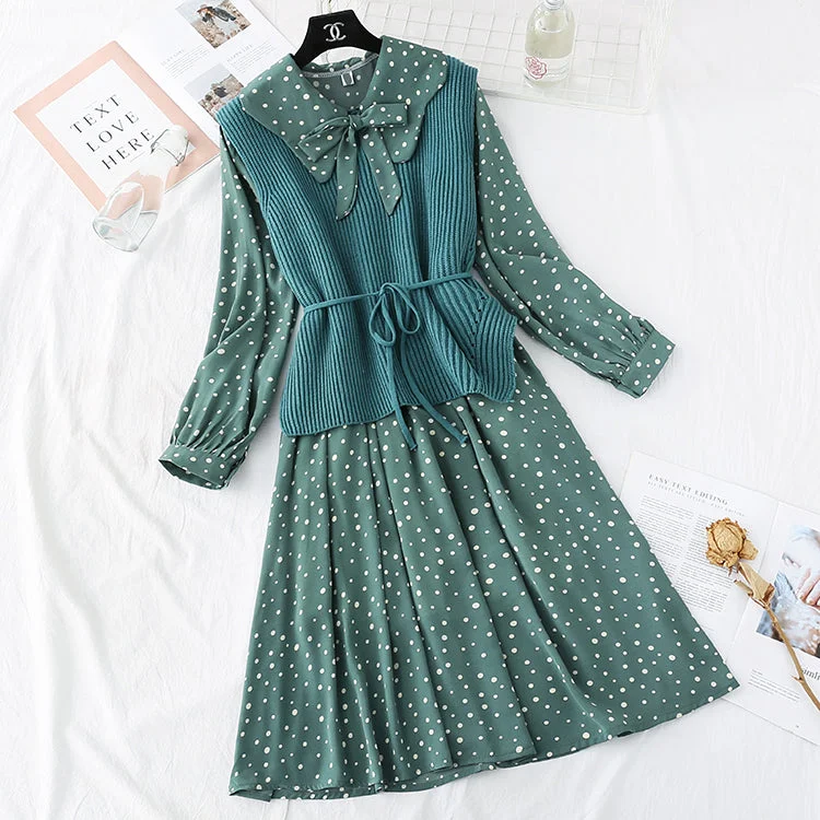 Knitted vest Sen sweater sweet wave point Chiffon Skirt Set two-piece set  3991 Fitted Slim Tailored